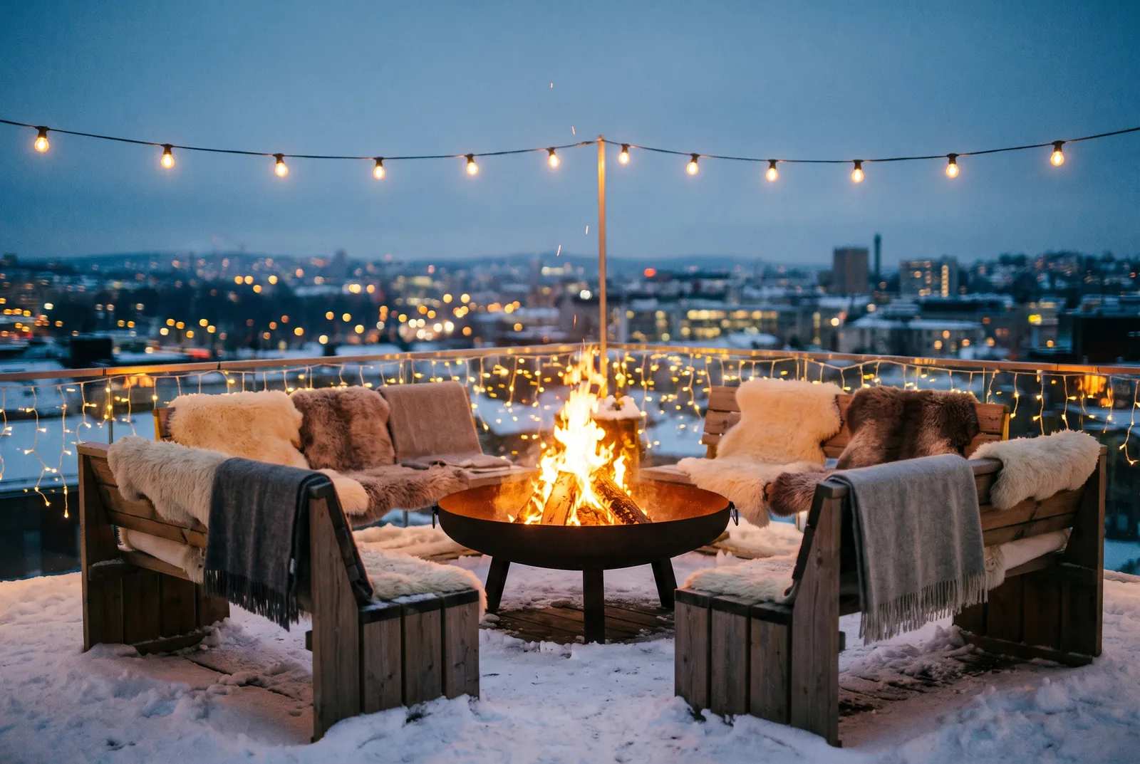 Winterliche Dachterrasse mit Eisstockbahn und Feuerkorb